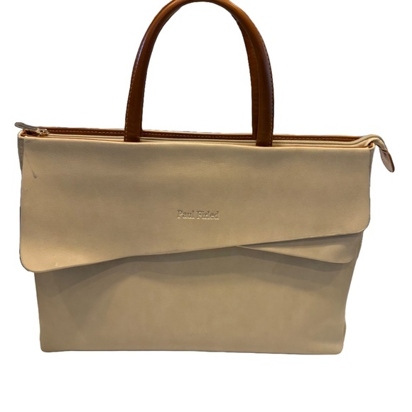 Paul Firled Women’s Leather Briefcase / Laptop Bag Ivory With Tan Leather Handle - Picture 1 of 16